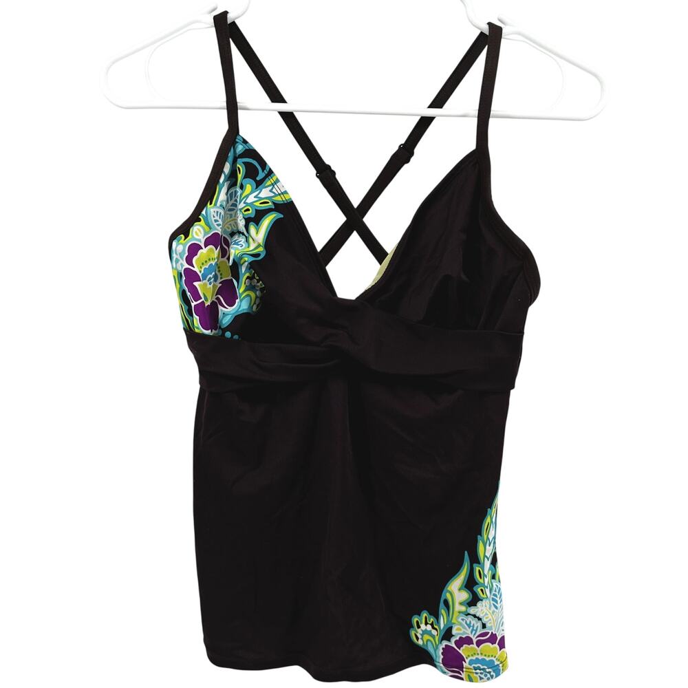 Athleta Tankini Powernet Floral Cross Strap Floral Brown Green 34D/32DD Tall